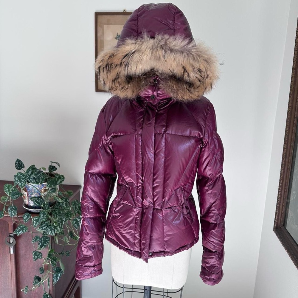 Burgundy red Andrew Marc puffer jacket with genuine fur lined hood Size M